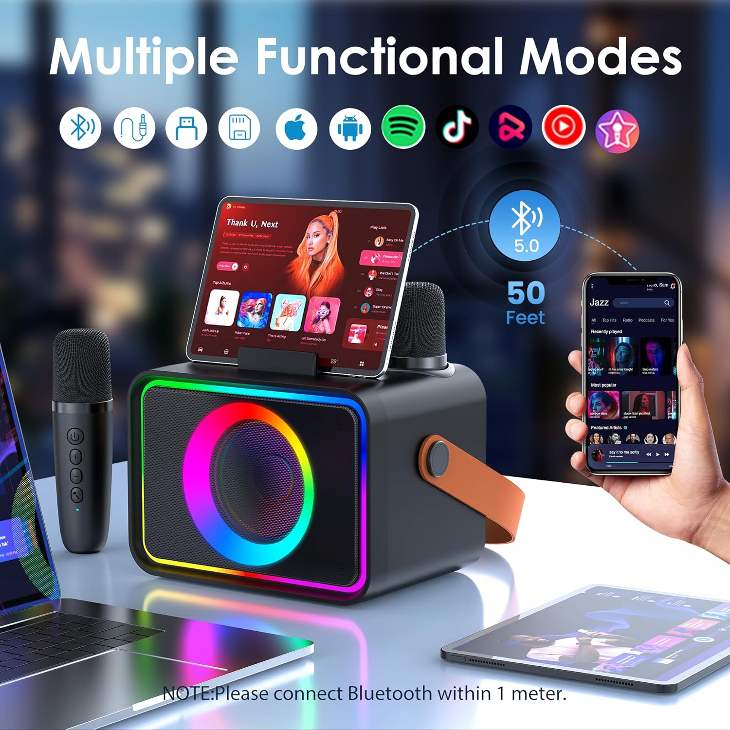 Portable Bluetooth Speaker with 2 Wireless Microphone